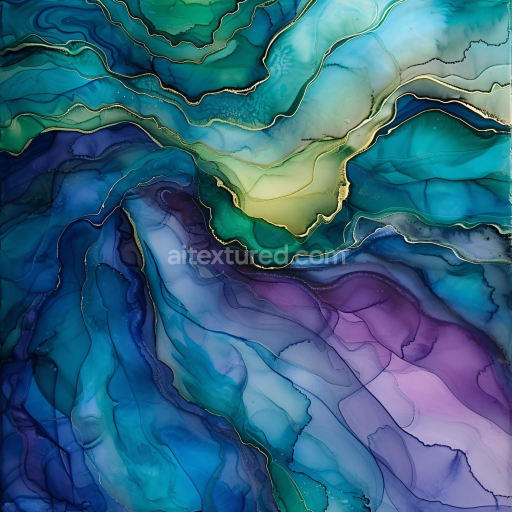 Seamless 3D Alcohol Ink PBR Texture Featuring Teal, Blue, and Purple Fluid Waves with Gold Veins