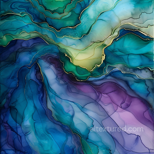 Alcohol Ink PBR Texture Featuring Teal, Blue, and Purple Fluid Waves with Gold Veins seamless Alcohol ink PBR texture