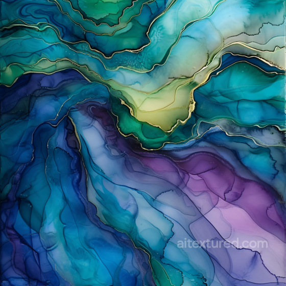 Alcohol Ink PBR Texture Featuring Teal, Blue, and Purple Fluid Waves with Gold Veins Alcohol ink texture preview