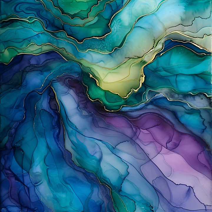 Alcohol Ink Featuring Teal, Blue, and Purple Fluid Waves with Gold Veins seamless PBR texture preview