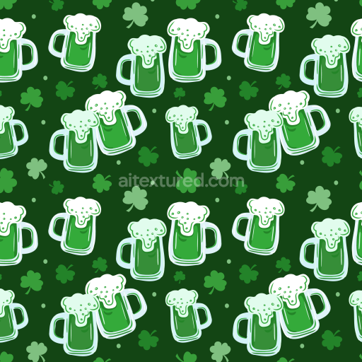 Seamless 3D PBR texture of cartoon green beer mugs and shamrocks
