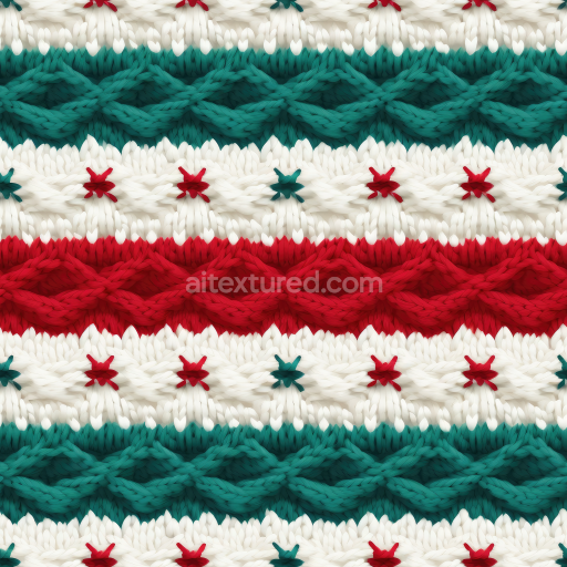 Seamless 3D PBR Christmas Knit Wool Texture with Multicolor Red, Green, and White Cable Knit Pattern