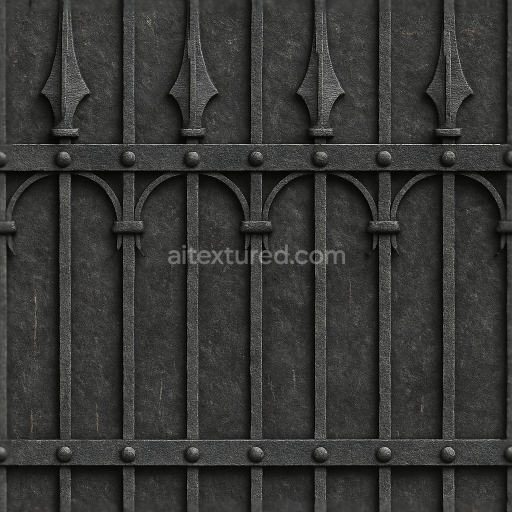 Seamless 8k 3d texture pbr wrought iron fence with black iron spiked fence and decorative ironwork