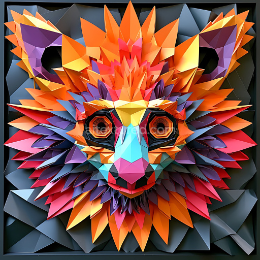 Seamless 3D PBR Texture of Vibrant Geometric Aye-Aye Face with Origami Style