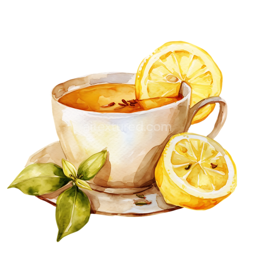 Watercolor Herbal Tea with Lemon Slice and Green Leaves Breakfast Illustration