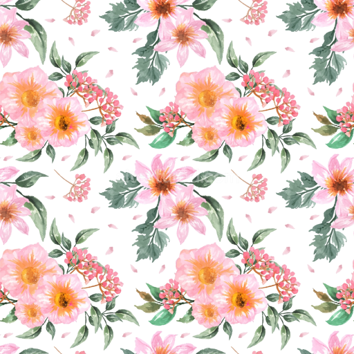 Seamless 3D PBR Texture of Pink Watercolor Floral Pattern with Green Leaves