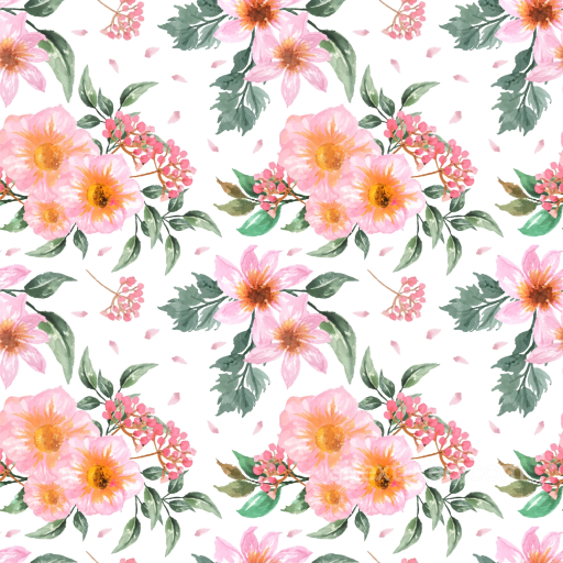 Pink Flower Texture of Pink Watercolor Floral Pattern with Green Leaves seamless Pink Flower PBR texture