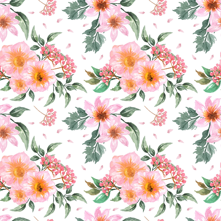 Pink Flower of Pink Watercolor Floral Pattern with Green Leaves seamless PBR texture preview