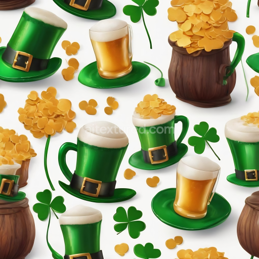 Seamless 3D PBR Texture Featuring St Patrick's Day Beer, Leprechaun Hats & Shamrocks