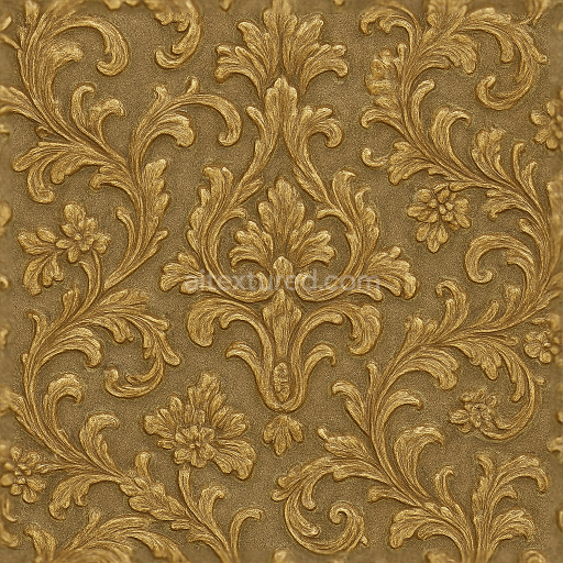 Seamless 3d texture pbr 8k baroque brocade wallpaper with raised gold leaf metallic accents finish