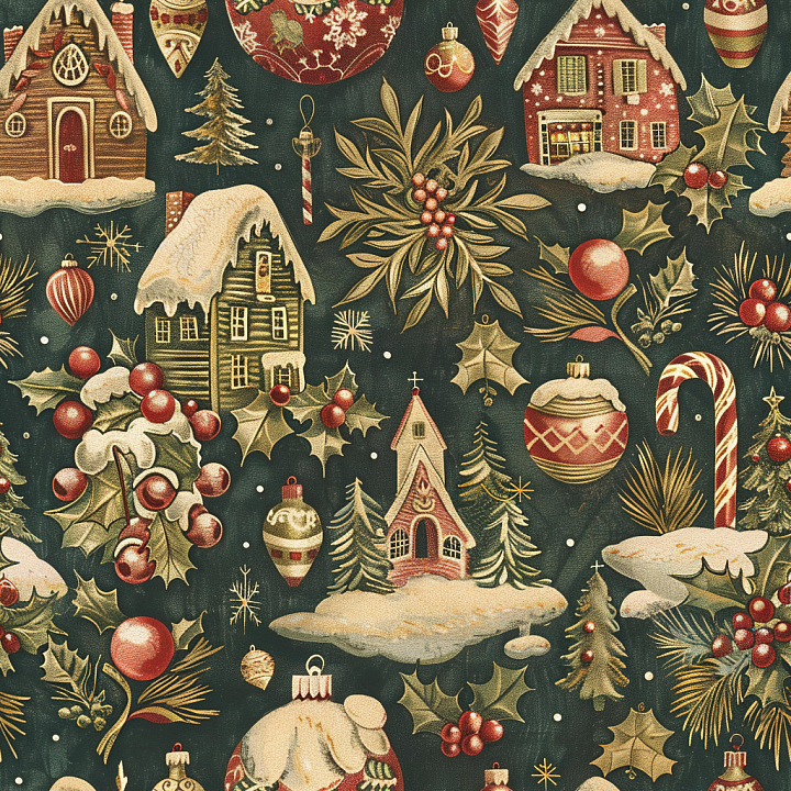 Christmas Vintage Fabric With Holiday Motifs And Snow Accents seamless PBR texture preview