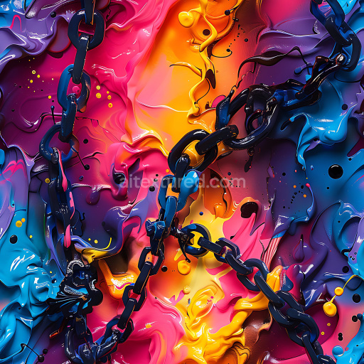 Seamless 3D PBR Texture of Vibrant Graffiti Paint Swirls with Black Chains