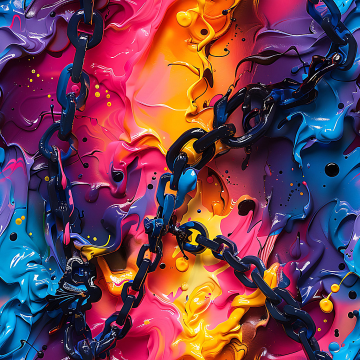 Vibrant Graffiti Paint Swirls with Black Chains seamless PBR texture preview
