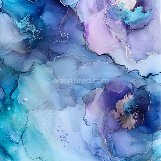 Seamless 3D Alcohol Ink PBR Texture Featuring Fluid Blue and Violet Swirls with Metallic Accents