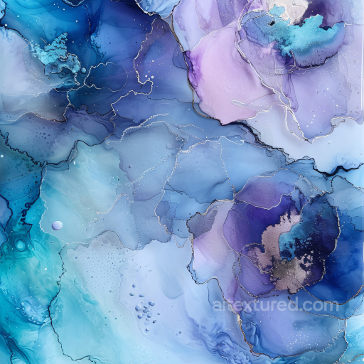 Alcohol Ink PBR Texture Featuring Fluid Blue and Violet Swirls with Metallic Accents seamless Alcohol ink PBR texture