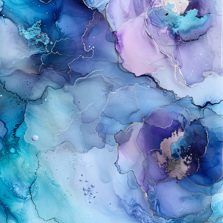 Alcohol Ink Featuring Fluid Blue and Violet Swirls with Metallic Accents seamless PBR texture preview