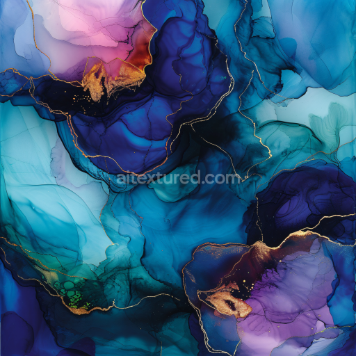 Seamless 3D Alcohol Ink PBR Texture Featuring Blue and Gold Flowing Swirls with Purple Accents