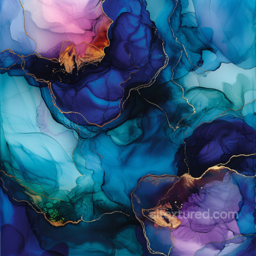 Alcohol Ink PBR Texture Featuring Blue and Gold Flowing Swirls with Purple Accents seamless Alcohol ink PBR texture