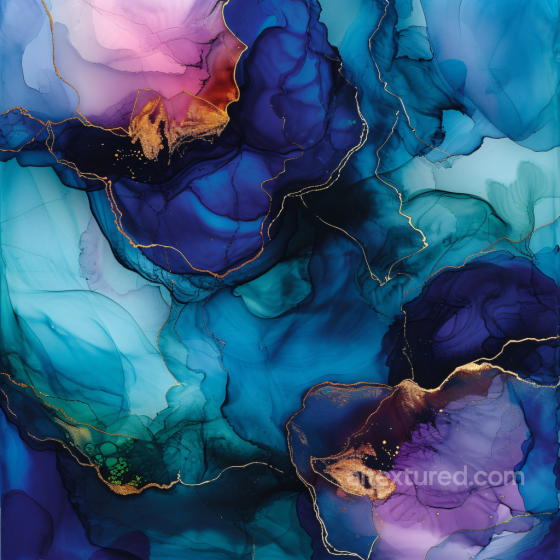 Alcohol Ink PBR Texture Featuring Blue and Gold Flowing Swirls with Purple Accents Alcohol ink texture preview