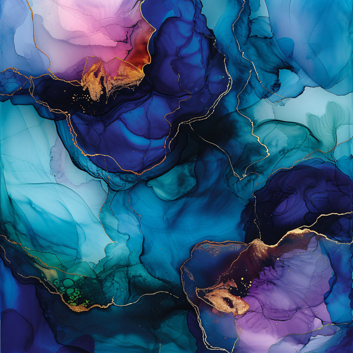 Alcohol Ink Featuring Blue and Gold Flowing Swirls with Purple Accents seamless PBR texture preview