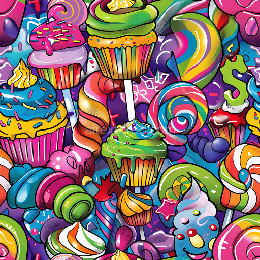 Seamless 3D PBR texture featuring vibrant graffiti candy and cupcake art