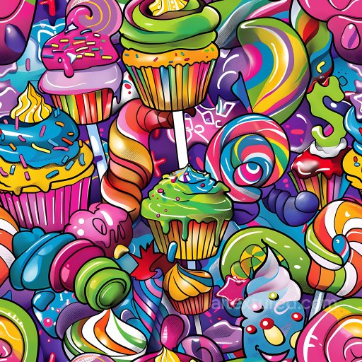 Seamless 3D PBR texture featuring vibrant graffiti candy and cupcake art texture preview