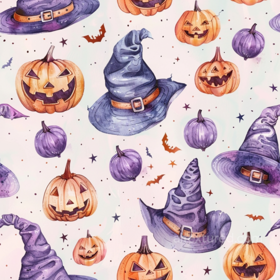 Watercolor Halloween Texture Featuring Pumpkins and Witch Hats Watercolor Halloween texture preview