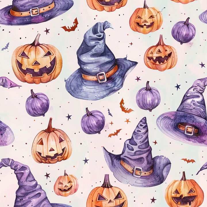 Watercolor Halloween Featuring Pumpkins and Witch Hats seamless PBR texture preview
