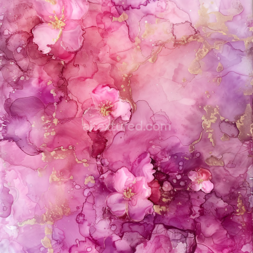 Seamless 3D Alcohol Ink PBR Texture Featuring Pink and Purple Floral Swirls with Gold Accents