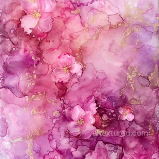 Alcohol Ink PBR Texture Featuring Pink and Purple Floral Swirls with Gold Accents seamless Alcohol ink PBR texture