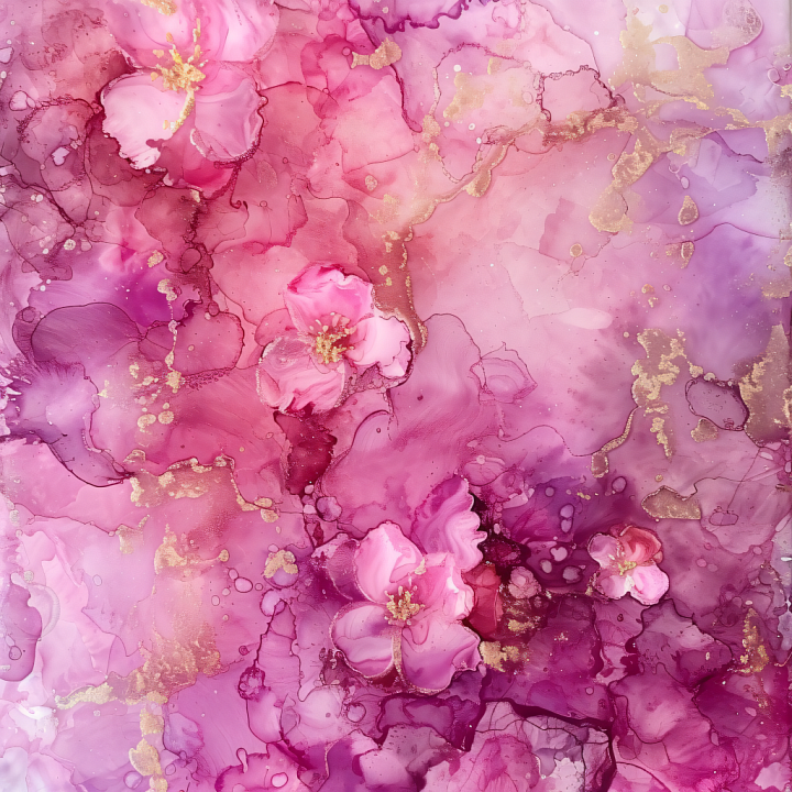 Alcohol Ink Featuring Pink and Purple Floral Swirls with Gold Accents seamless PBR texture preview