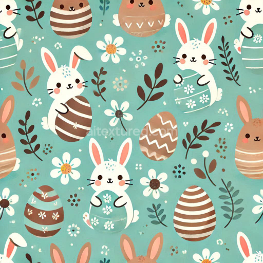 Seamless 3D PBR Easter Digital Paper Texture with Bunny and Egg Motifs on Turquoise