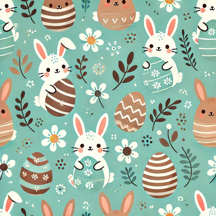 Easter Digital Paper with Bunny and Egg Motifs on Turquoise seamless PBR texture preview