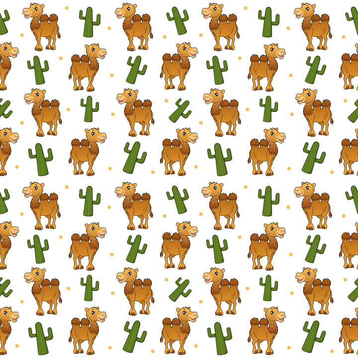 Pattern with Cartoon Camel and Cactus Motifs seamless PBR texture preview