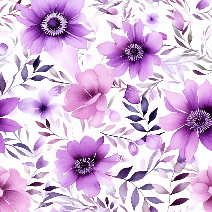 Purple Flower of Purple Watercolor Flower Pattern on Fabric seamless PBR texture preview