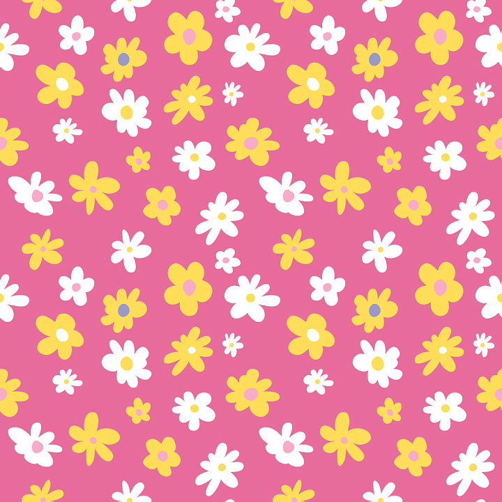 Pattern with Playful Yellow and White Florals on Pink seamless PBR texture preview