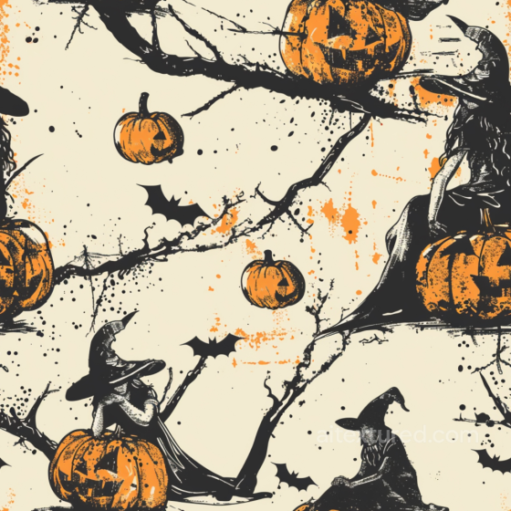 Vintage Halloween Fabric Texture with Pumpkins, Witches, and Bats Vintage Halloween texture preview