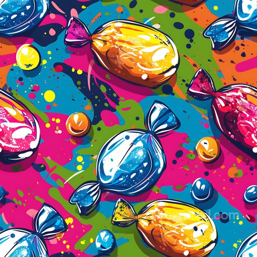 Seamless 3D PBR Graffiti Texture with Vibrant Wrapped Candies and Paint Splashes texture preview