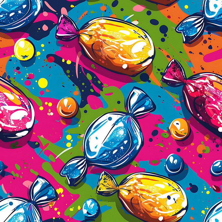 Graffiti with Vibrant Wrapped Candies and Paint Splashes seamless PBR texture preview