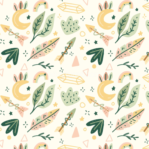 Seamless 3D PBR Texture with Boho Style Hand-drawn Leaves and Celestial Motifs