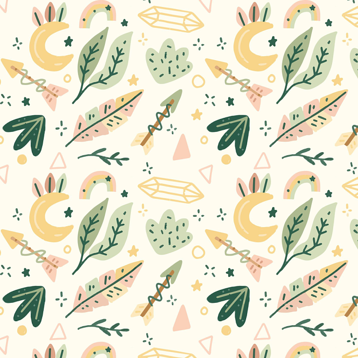 with Boho Style Hand-drawn Leaves and Celestial Motifs seamless PBR texture preview