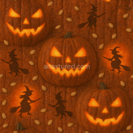 Seamless 3d texture pbr 8k pumpkin skin with spooky shadows and glowing eyes effect