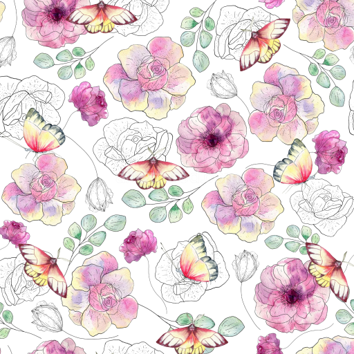 Seamless 3D PBR Watercolor Butterflies Floral Fabric Texture with Pastel Flower Patterns
