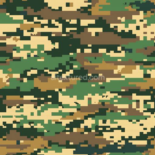 Seamless 3D Digital Woodland Camouflage PBR Texture with Pixelated Pattern and Earth Tones