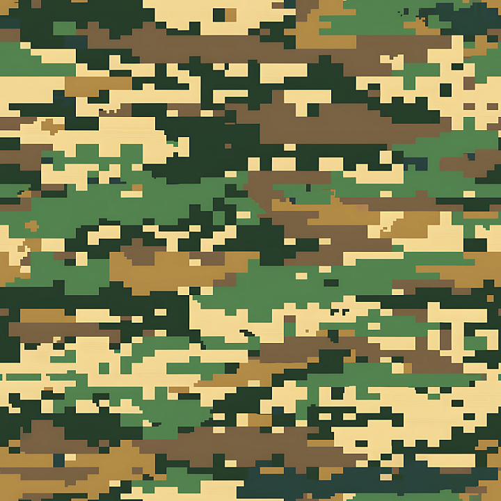 Digital Woodland Camouflage with Pixelated Pattern and Earth Tones seamless PBR texture preview