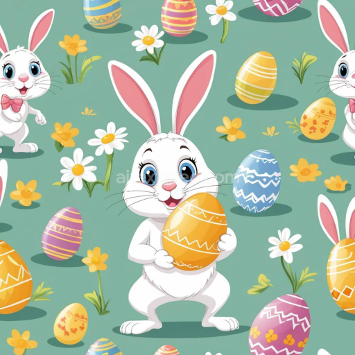 Seamless 3D PBR Easter Digital Paper Texture Featuring Cartoon Bunnies and Decorative Eggs