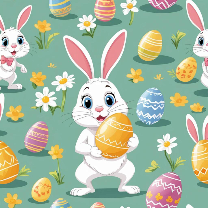Easter Digital Paper Featuring Cartoon Bunnies and Decorative Eggs seamless PBR texture preview