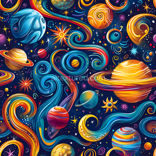 Seamless 3D Stylized Space PBR Texture Featuring Colorful Planets & Swirling Cosmic Patterns