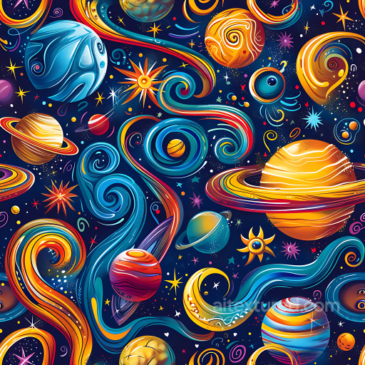 Stylized Space PBR Texture Featuring Colorful Planets & Swirling Cosmic Patterns seamless Star, space, planets PBR texture