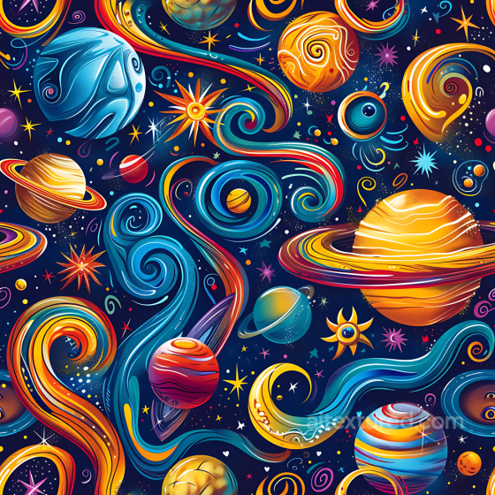 Stylized Space PBR Texture Featuring Colorful Planets & Swirling Cosmic Patterns Star, space, planets texture preview